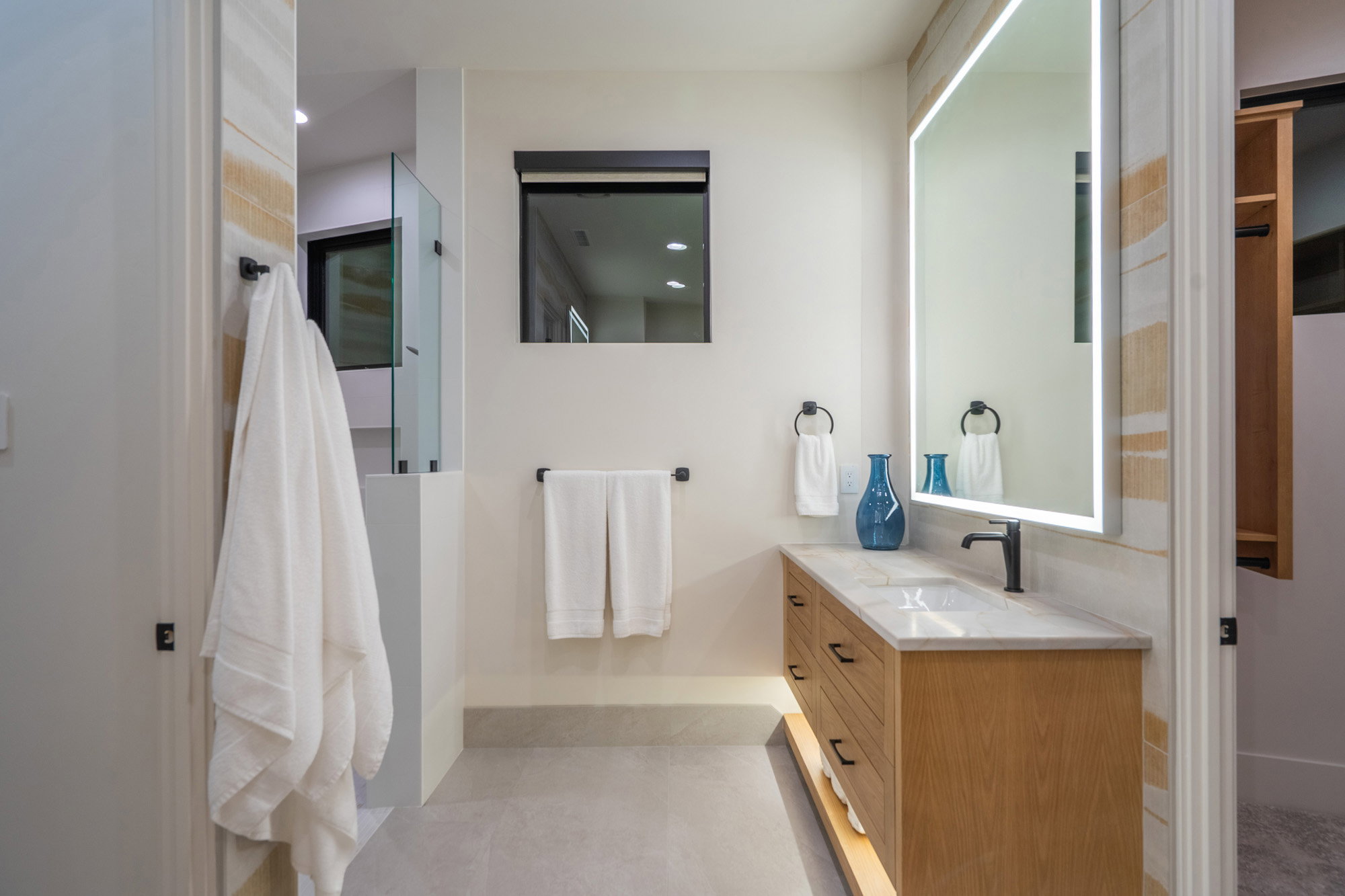 Full bath featuring vanity and recessed lighting
