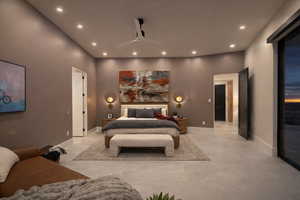 Bedroom with recessed lighting, a ceiling fan, and access to outside