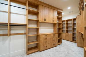 Walk in closet with light colored carpet