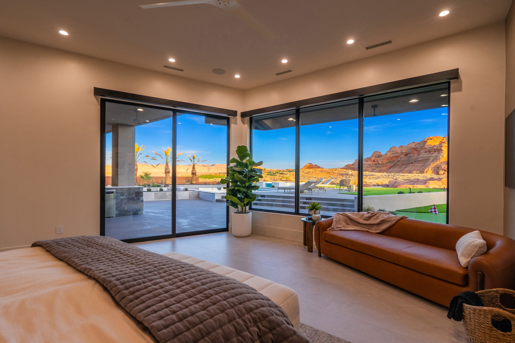 Bedroom featuring access to outside, recessed lighting, and a mountain view