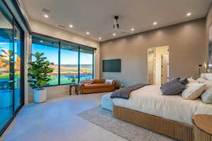 Bedroom featuring access to outside, recessed lighting, and a ceiling fan