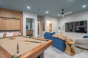 Recreation room featuring recessed lighting, pool table, and ceiling fan