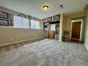 Unfurnished bedroom with a textured ceiling and carpet flooring
