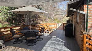 Wooden deck featuring outdoor dining area