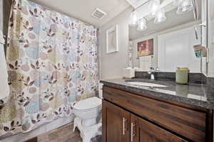 Bathroom featuring vanity, a shower with shower curtain, and dark wood-style floors