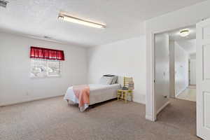 Bedroom with light carpet and a textured ceiling