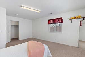 Bedroom with a walk in closet, carpet floors, and a textured ceiling