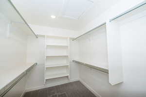 Walk in closet featuring dark colored carpet