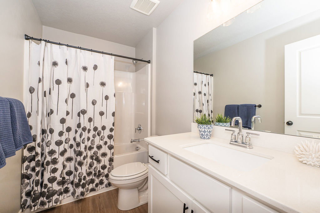 Bathroom with vanity, dark wood-type flooring, and shower / bath combo