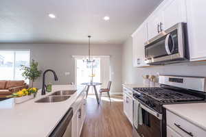 Kitchen with stainless steel appliances, white cabinetry, light wood-type flooring, and healthy amount of natural light