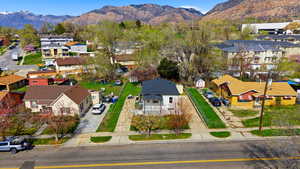 Aerial view of residential area with mountains