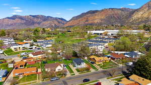 Aerial perspective of suburban area with mountains