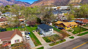 Aerial view of residential area with a mountain backdrop