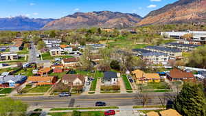 Aerial view of residential area with mountains