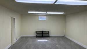 Below grade area featuring a textured ceiling, a heating unit, and dark colored carpet