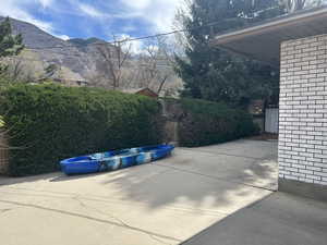 View of patio with a mountain view