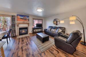 Living room featuring wood finished floors and a tile fireplace