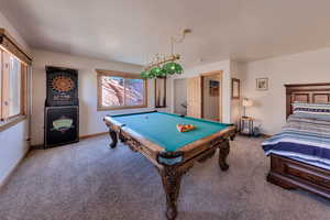 Playroom featuring pool table and carpet floors