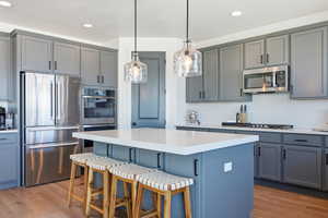 Kitchen with gray cabinets, stainless steel appliances, a center island, light wood finished floors, and a breakfast bar area