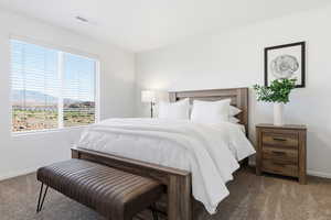 Bedroom 2 featuring dark colored carpet, walk-in closet and views