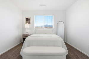 Bedroom 3 with baseboards and dark colored carpet and views
