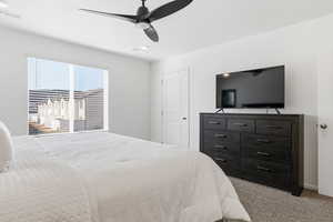 Primary Bedroom featuring light colored carpet and ceiling fan and views