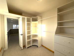 Walk-in closet featuring light colored carpet with built-in shelves and drawers