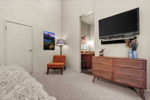 Carpeted bedroom with connected bathroom and baseboards
