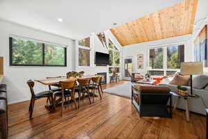 Dining room featuring hardwood / wood-style floors, a vaulted wooden ceiling, plenty of natural light, and a glass covered fireplace