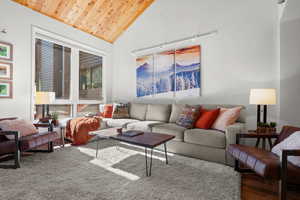 Living area featuring a vaulted wood ceiling