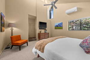 Carpeted bedroom with a closet, a high ceiling, and ceiling fan