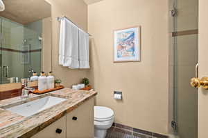 Full bathroom with a shower stall, vanity, and dark tile patterned floors