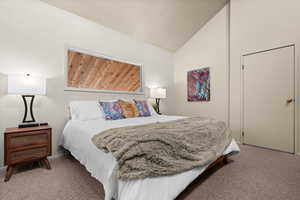 Bedroom with lofted ceiling and carpet floors