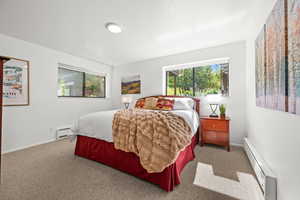 Bedroom with baseboard heating, multiple windows, and light carpet