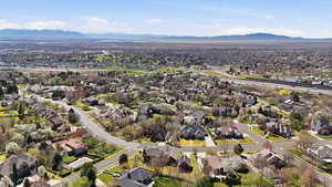 Aerial perspective of suburban area with mountains