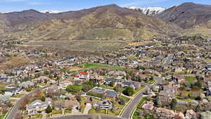 Aerial perspective of suburban area featuring a mountainous background