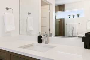 Full bathroom with vanity and a shower stall