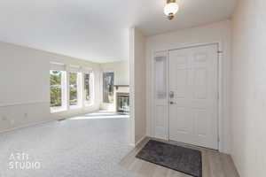 Entryway featuring a wainscoted wall, a glass covered fireplace, and light colored carpet