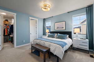 Carpeted bedroom featuring a walk in closet and a textured ceiling