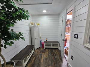 Mudroom featuring dark wood-style floors and wood walls