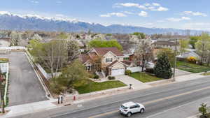 Aerial view of residential area with a mountain backdrop