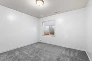 Empty room featuring carpet and a textured ceiling