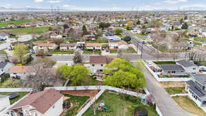 Aerial view of residential area with a mountain backdrop