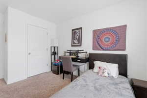 Bedroom with light colored carpet