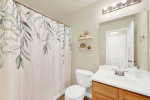 Bathroom with vanity and a shower with shower curtain