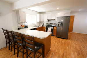 Kitchen featuring a peninsula, a kitchen breakfast bar, stainless steel appliances, light countertops, and light wood finished floors