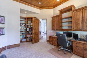 Office area featuring wooden ceiling, light carpet, built in study area, and recessed lighting