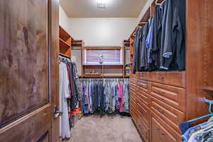 Walk in closet with light carpet