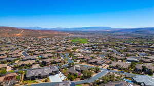 Aerial perspective of suburban area with mountains