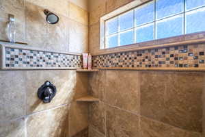 Bathroom view of a tile shower